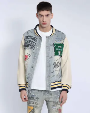 Retro Baseball Denim Jacket with Distressed Details-Mexico Local Delivery