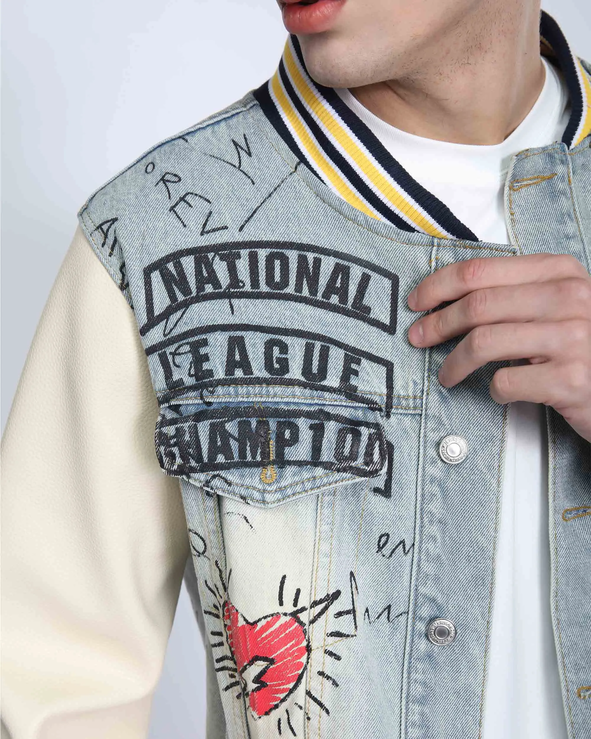 Retro Baseball Denim Jacket with Distressed Details-Mexico Local Delivery
