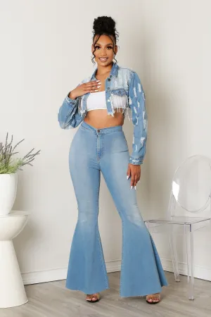 Rhinestone Fringe Distressed Crop Denim Jacket