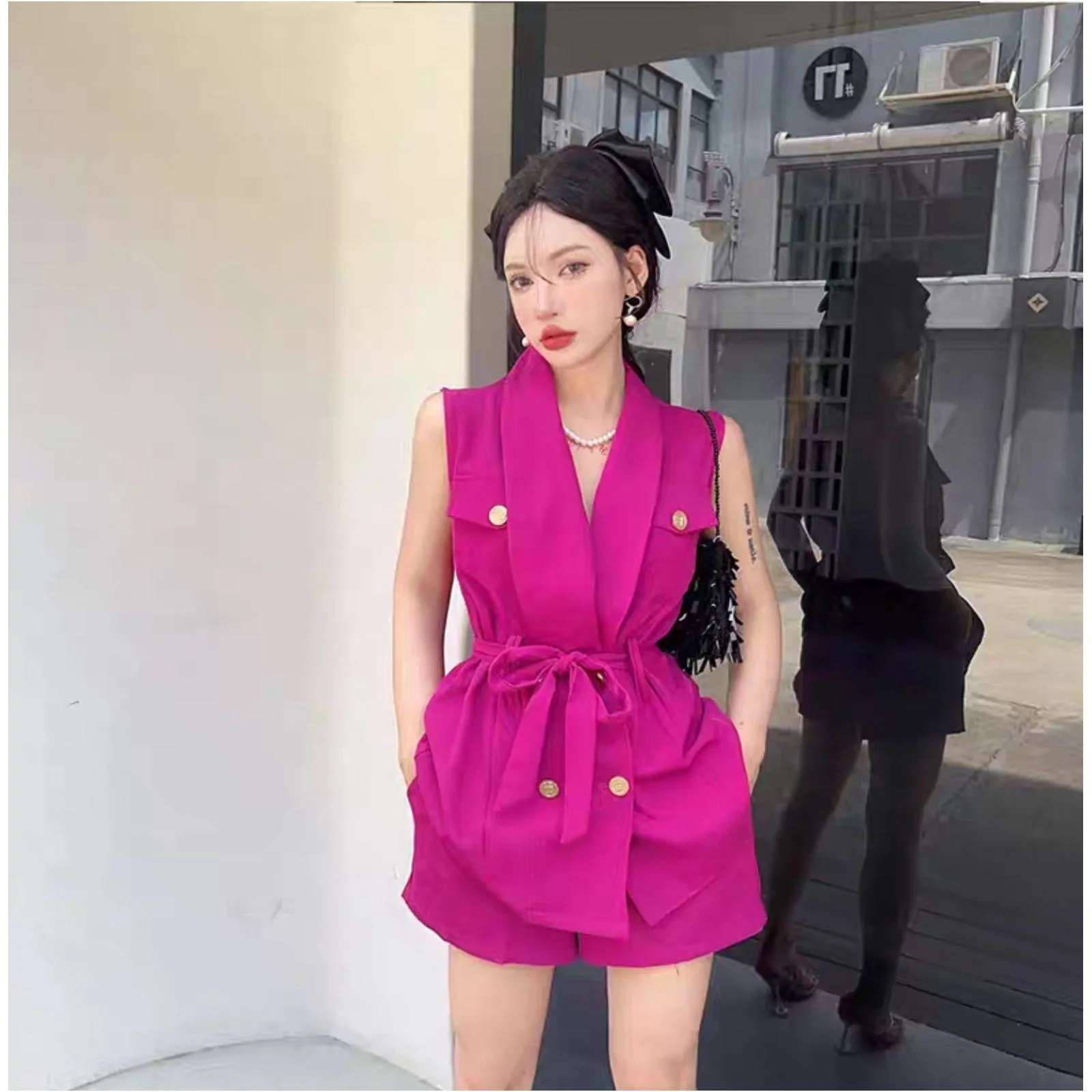 Ruffle Trim Double Breasted Belted Vest Blazer and short set .