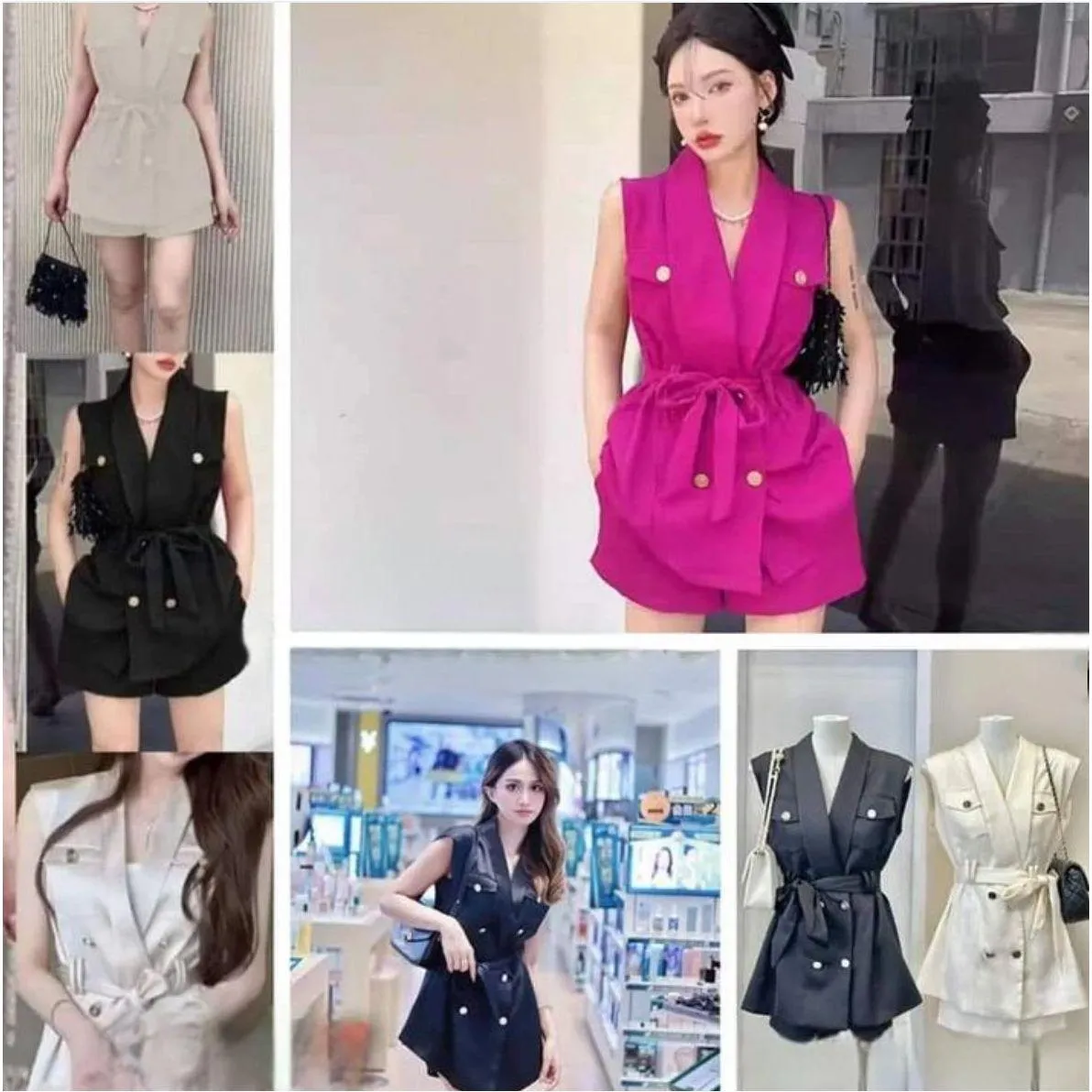 Ruffle Trim Double Breasted Belted Vest Blazer and short set .