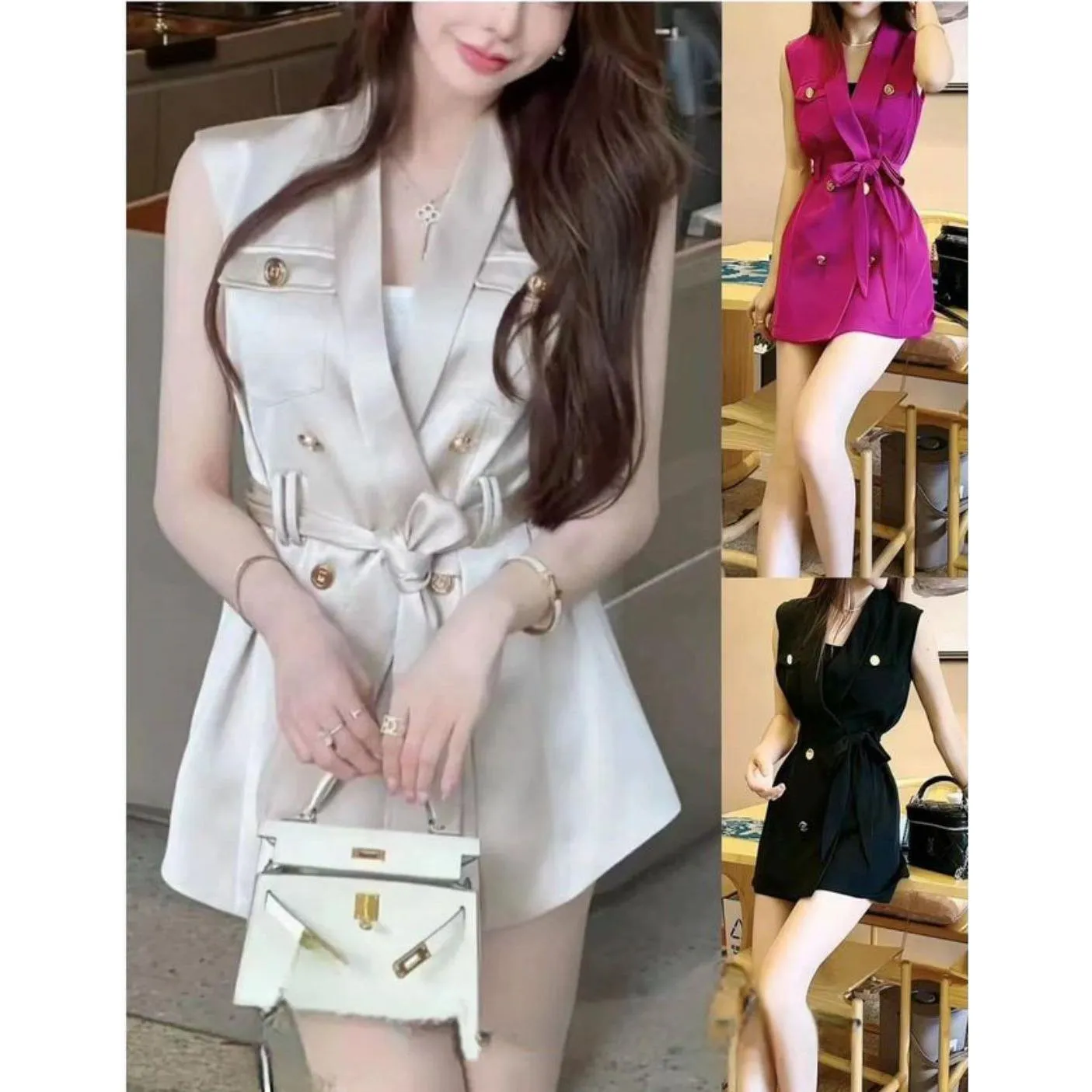 Ruffle Trim Double Breasted Belted Vest Blazer and short set .