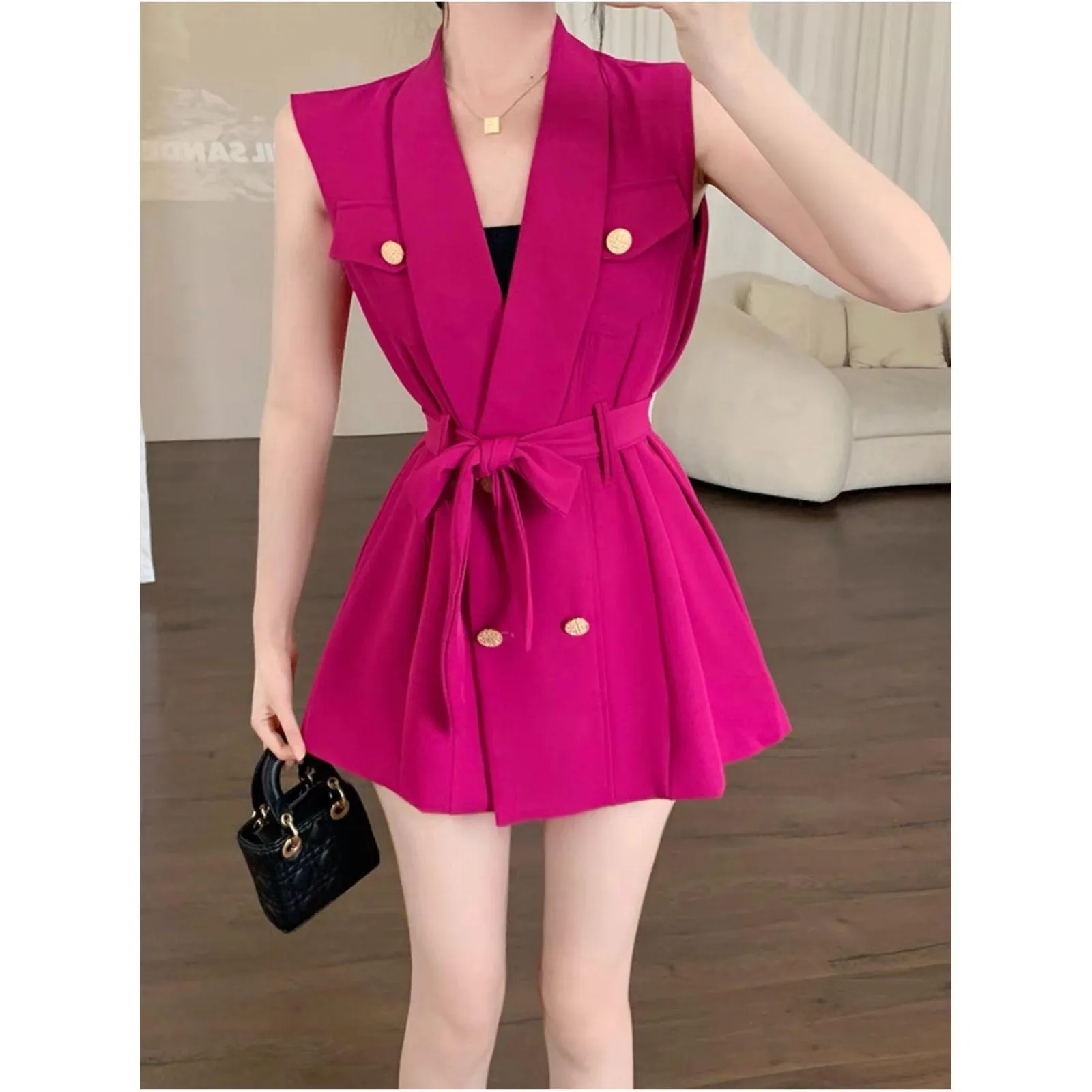 Ruffle Trim Double Breasted Belted Vest Blazer and short set .
