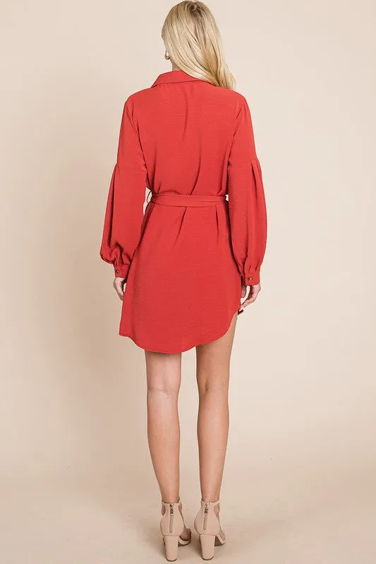 Rust Collared Button Down Tie Belt Shirt Dress