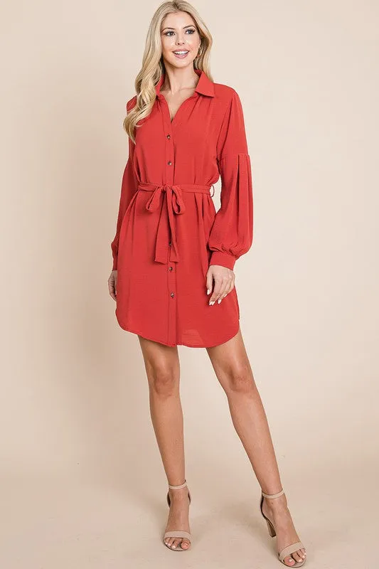 Rust Collared Button Down Tie Belt Shirt Dress