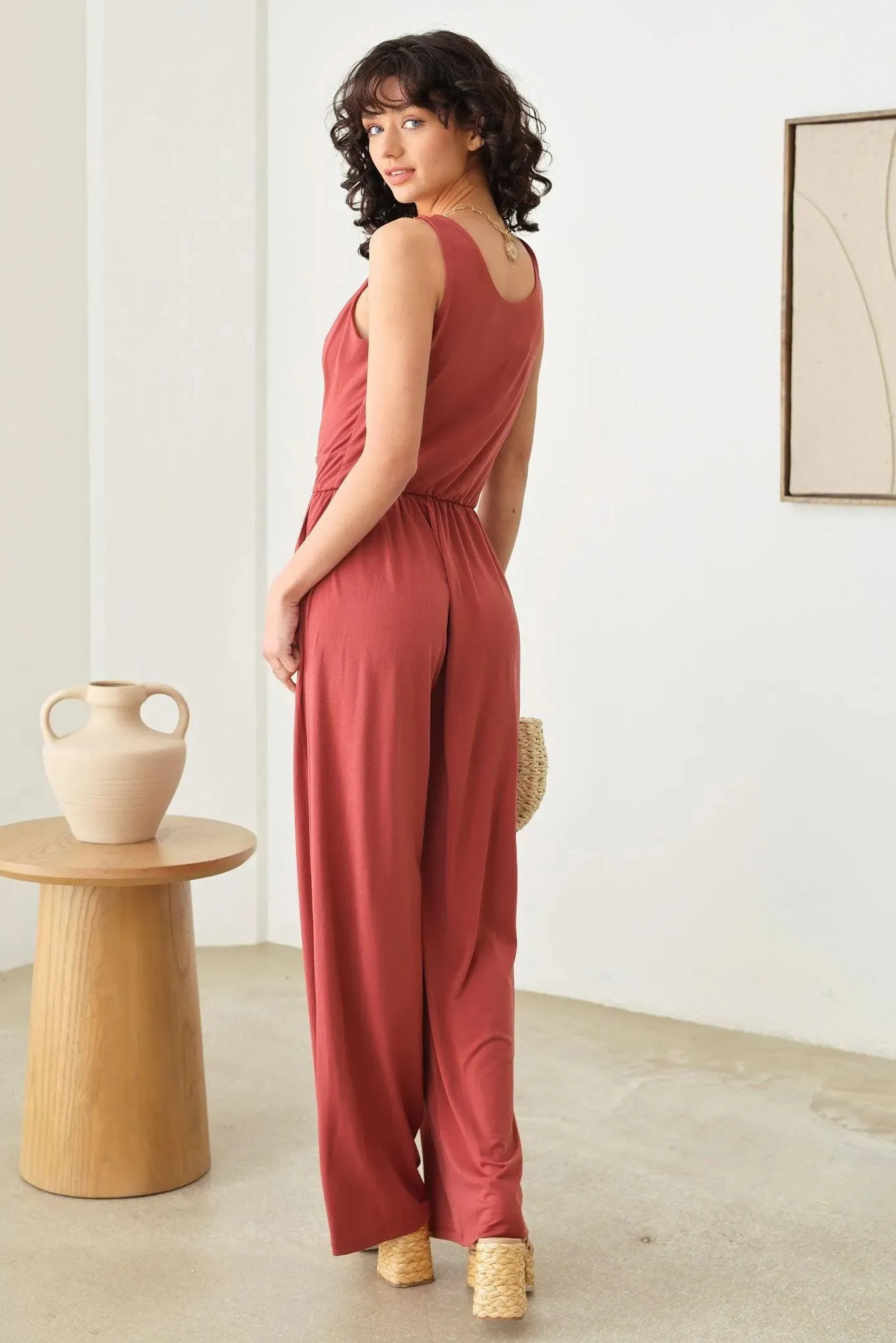 Solid Cowl Neck Wide Long Leg Jumpsuit