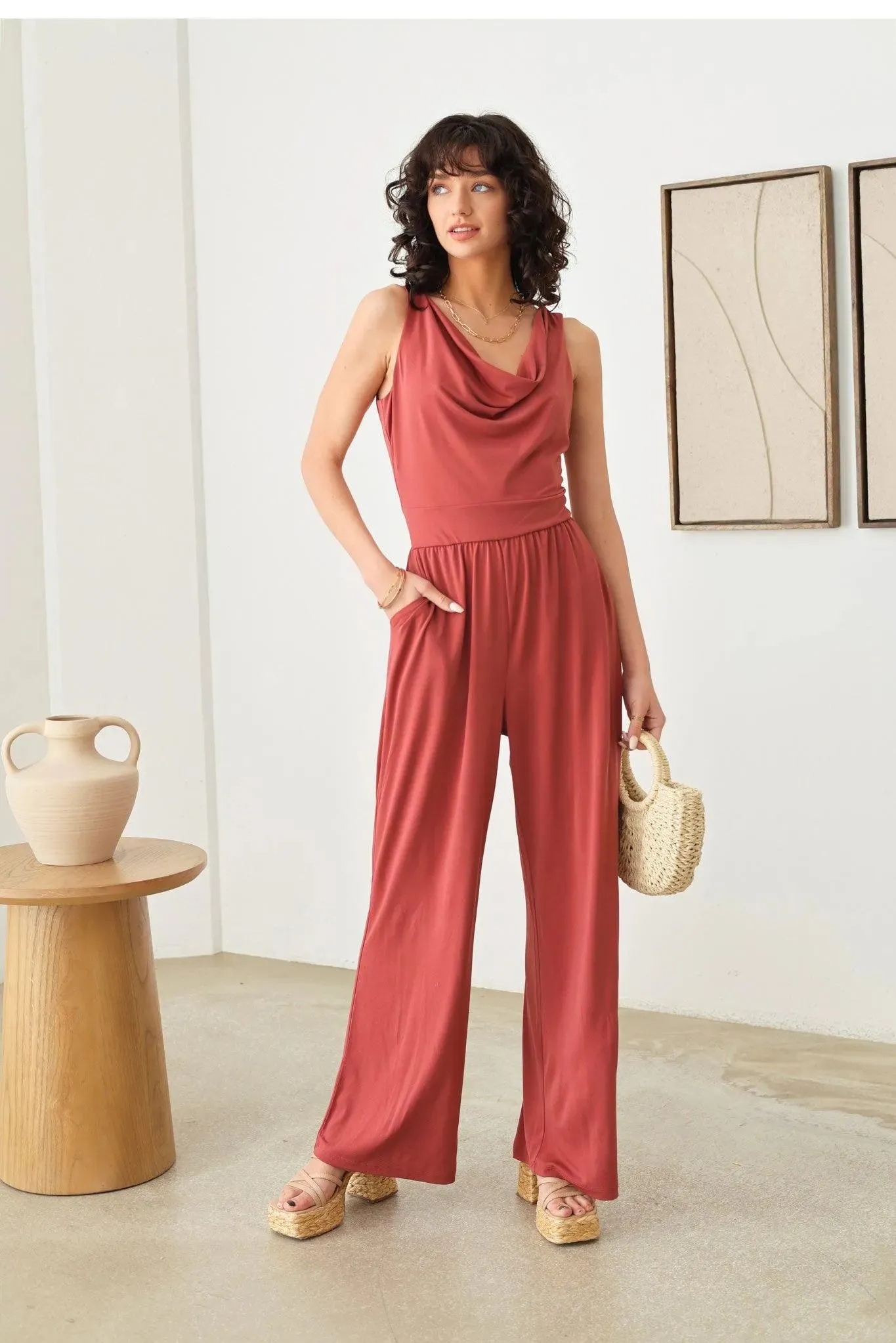 Solid Cowl Neck Wide Long Leg Jumpsuit
