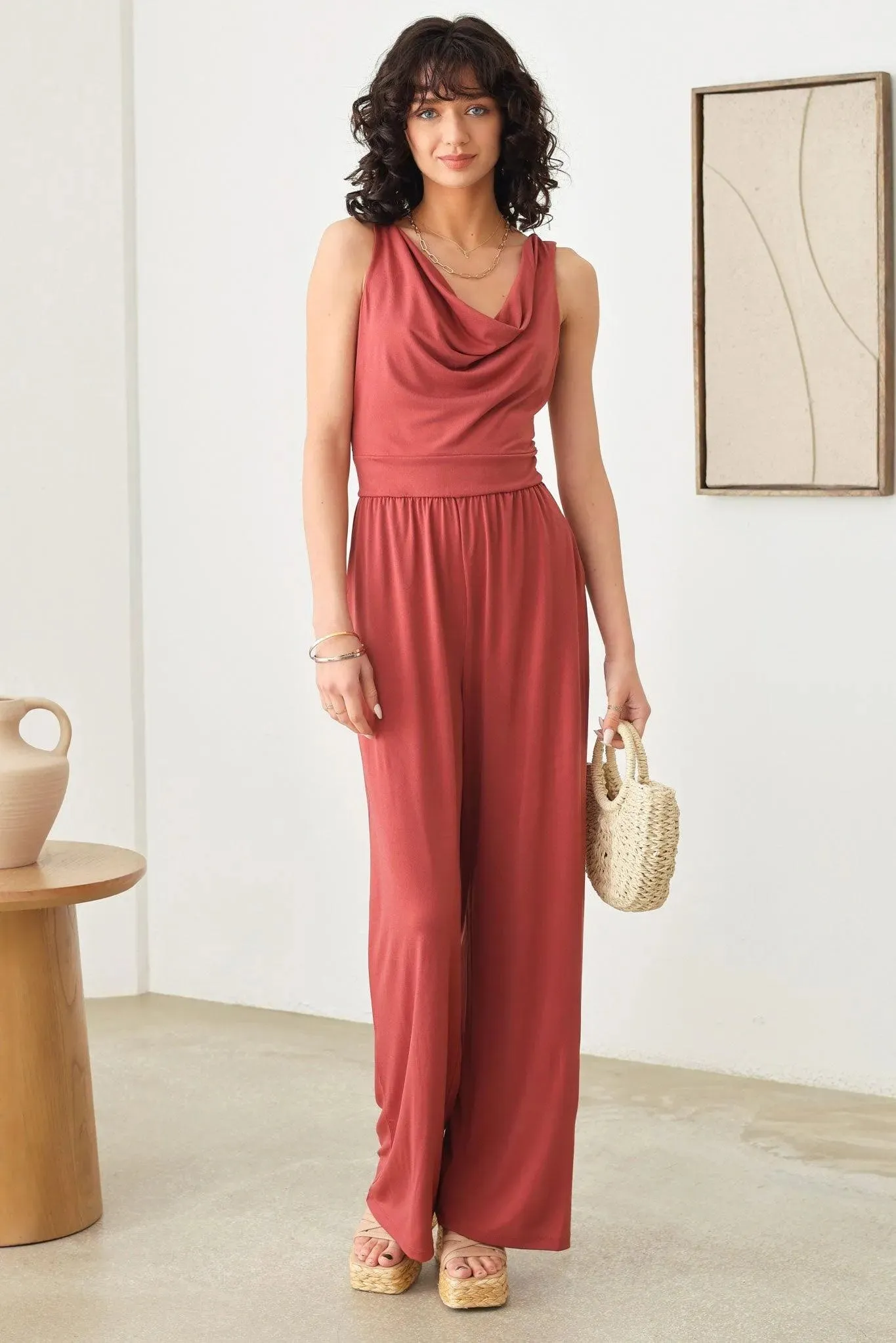 Solid Cowl Neck Wide Long Leg Jumpsuit