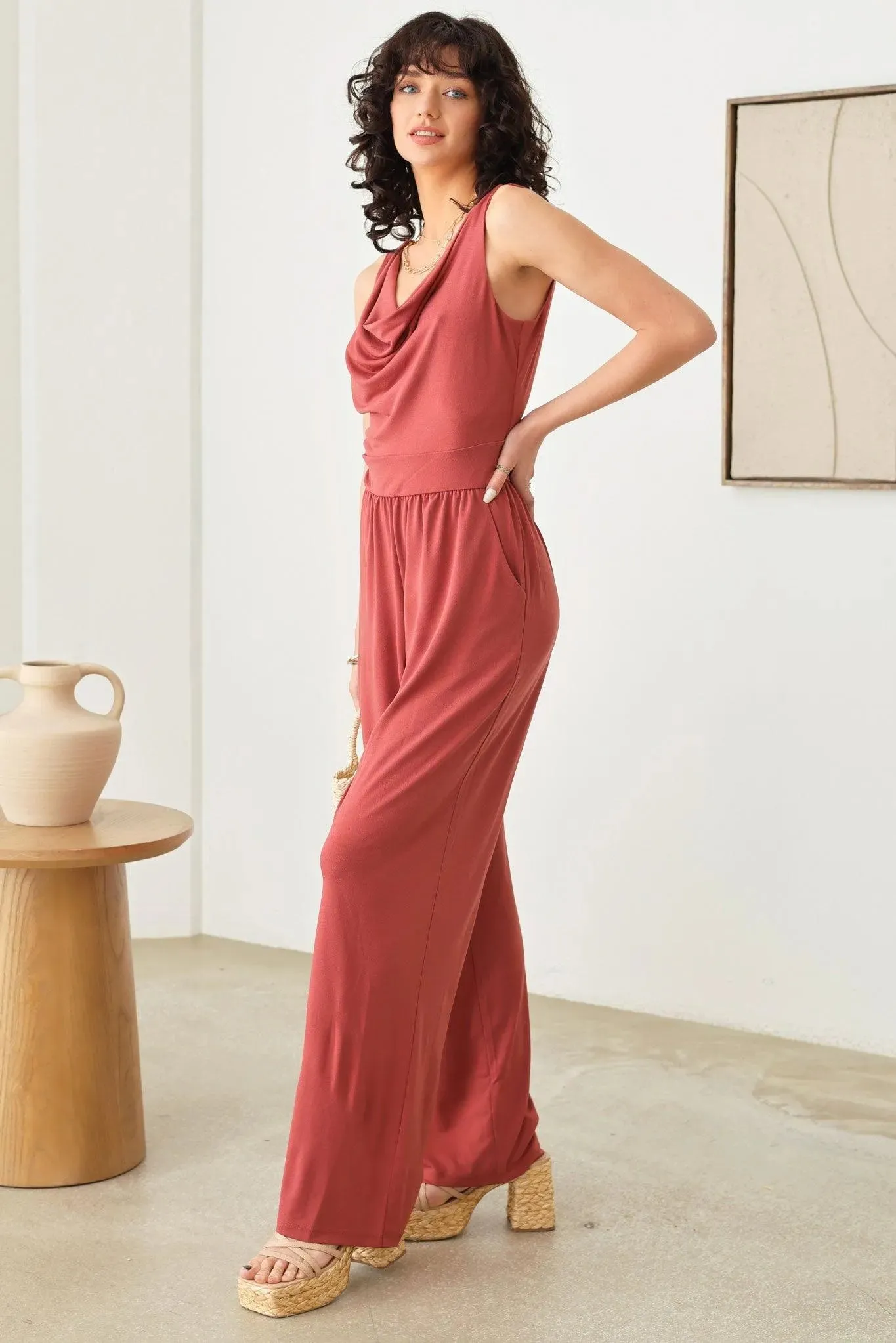 Solid Cowl Neck Wide Long Leg Jumpsuit