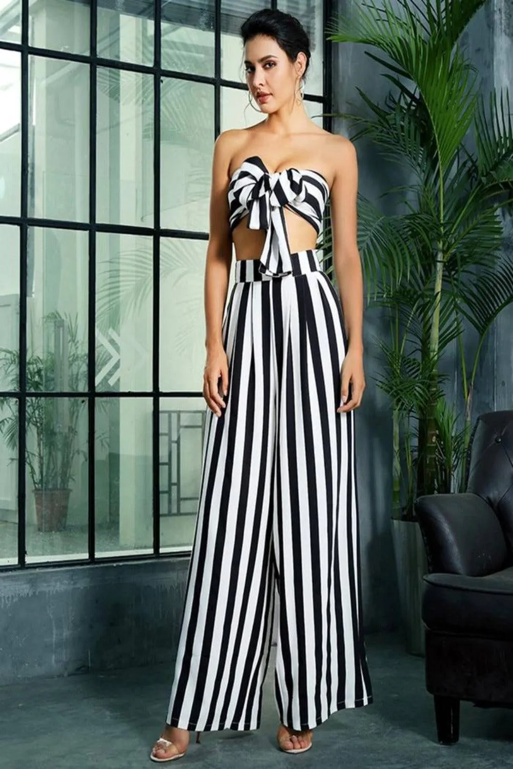 Striped Two Piece Wide Leg Pants Set