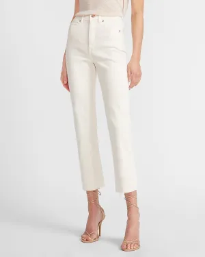 Super High Waisted Off-White Raw Hem Straight Jeans in Mineral