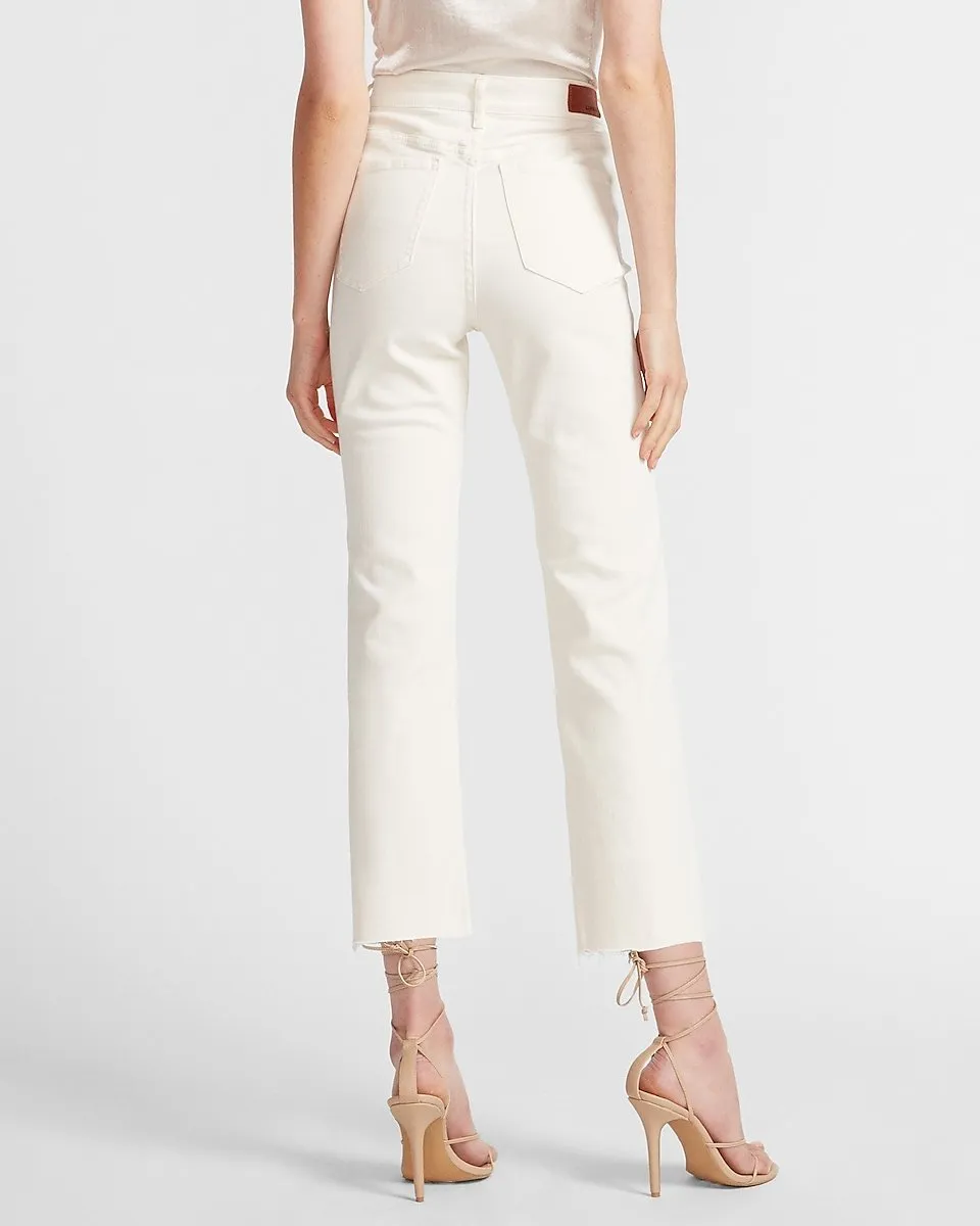 Super High Waisted Off-White Raw Hem Straight Jeans in Mineral