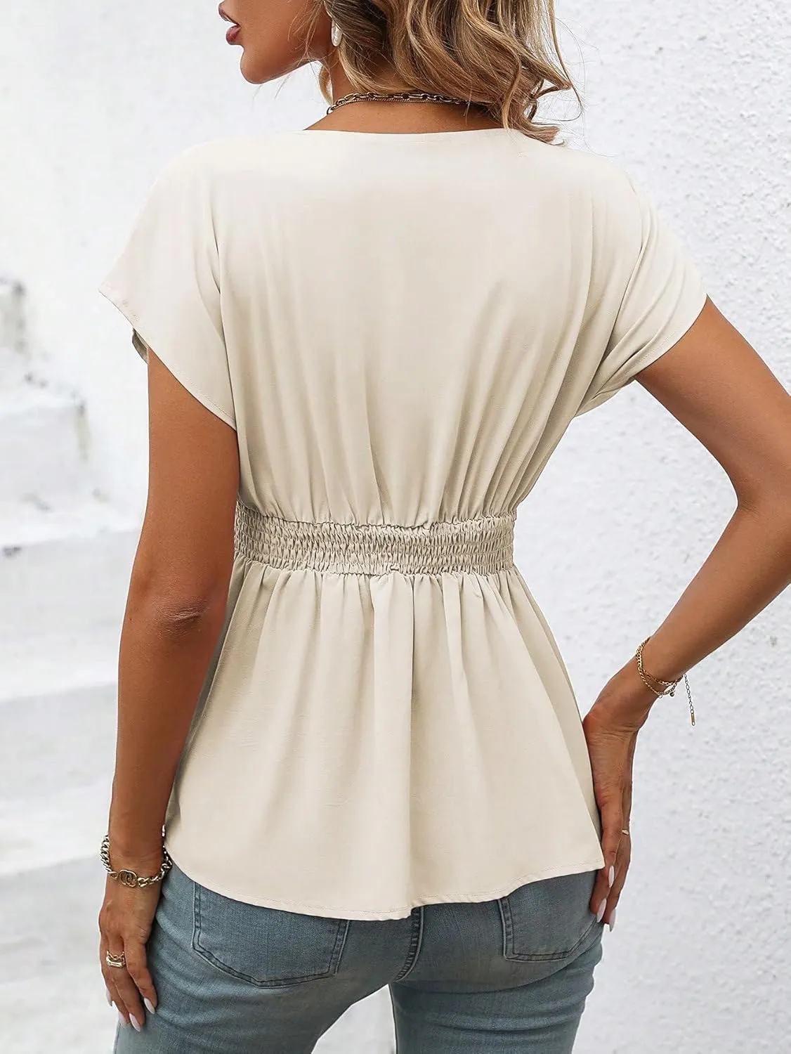 SweatyRocks Women's Batwing Sleeve V Neck Fold Pleated Ruffle Hem Blouse Peplum Top