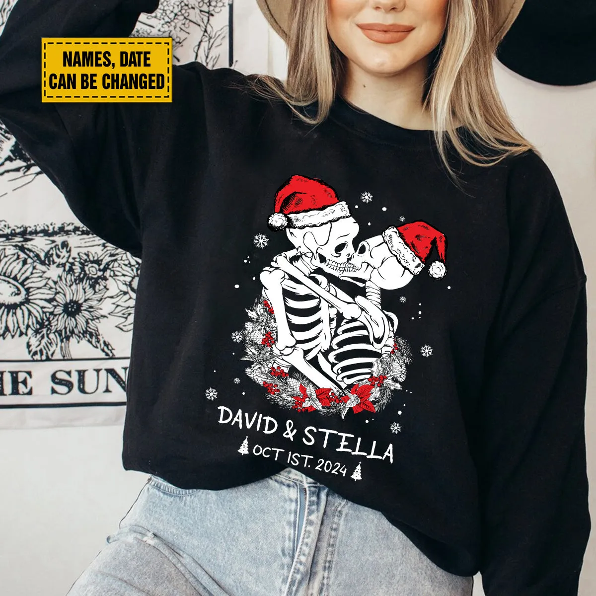 Teesdily | Customized Skeleton Christmas Shirt, Couple Skeleton Matching Merry Christmas Hoodie Sweatshirt Mug, Spooky Gothmas Tee