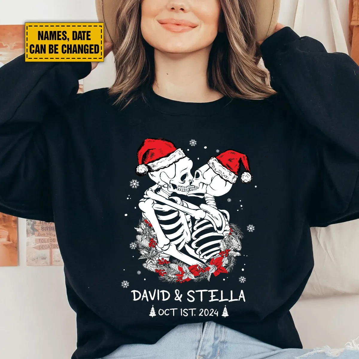 Teesdily | Customized Skeleton Christmas Shirt, Couple Skeleton Matching Merry Christmas Hoodie Sweatshirt Mug, Spooky Gothmas Tee