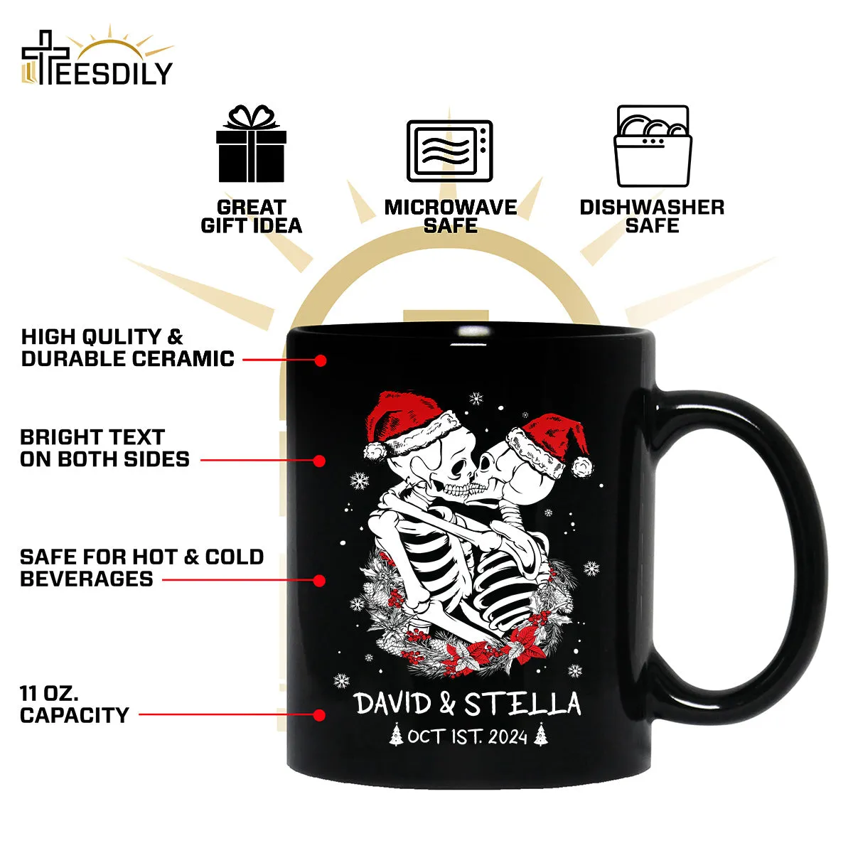 Teesdily | Customized Skeleton Christmas Shirt, Couple Skeleton Matching Merry Christmas Hoodie Sweatshirt Mug, Spooky Gothmas Tee