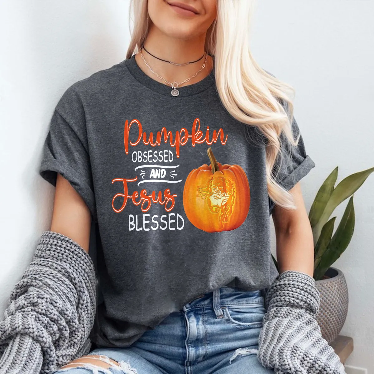 Teesdily | Jesus Pumpkin Shirt, Pumpkin Obsessed And Jesus Blessed Autumn Tee Sweatshirt Hoodie Mug, Christian Apparel, Pumpkin Jesus Lovers Gifts