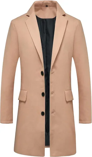 ThCreasa Mens Wool Blend Trench Coat Single Breasted Notch Lapel Walker Mid-Length Classic Pea Top Coat