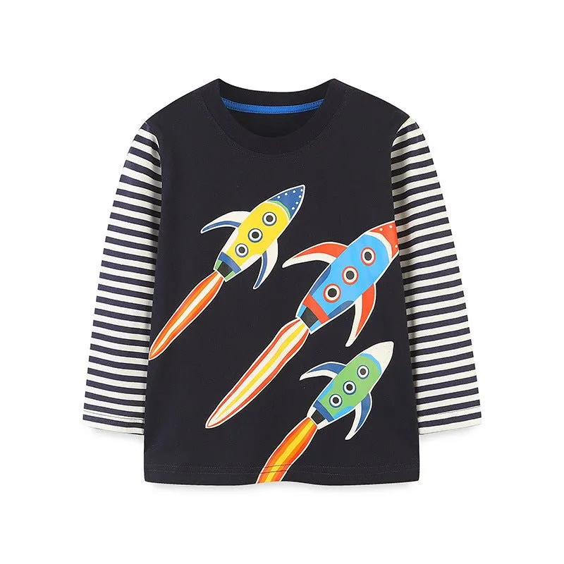 Toddler/Kid Boy's Long Sleeve Cartoon Rockets Print Design T-Shirt