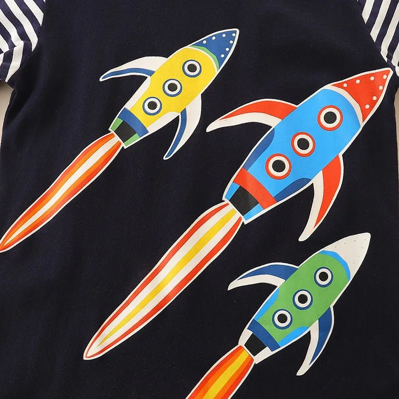 Toddler/Kid Boy's Long Sleeve Cartoon Rockets Print Design T-Shirt