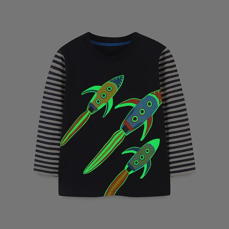 Toddler/Kid Boy's Long Sleeve Cartoon Rockets Print Design T-Shirt
