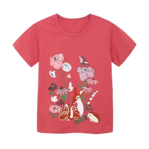 Toddler/Kid Girl's Short Sleeve Animal with Flower Print Design Red T-shirt