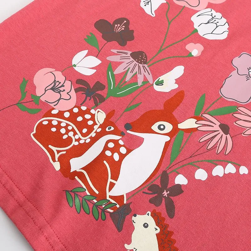 Toddler/Kid Girl's Short Sleeve Animal with Flower Print Design Red T-shirt