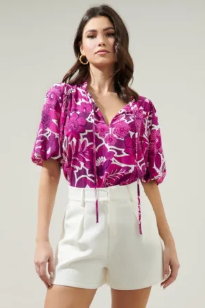 Tropical Orchid Puff Sleeve Blouse