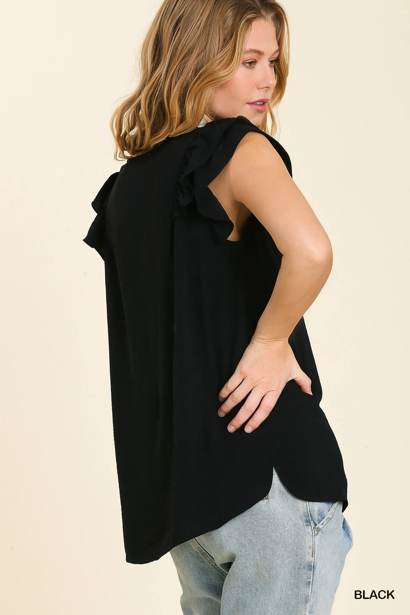 V-Neck Double Layered Flutter Sleeve Blouse with No Lining