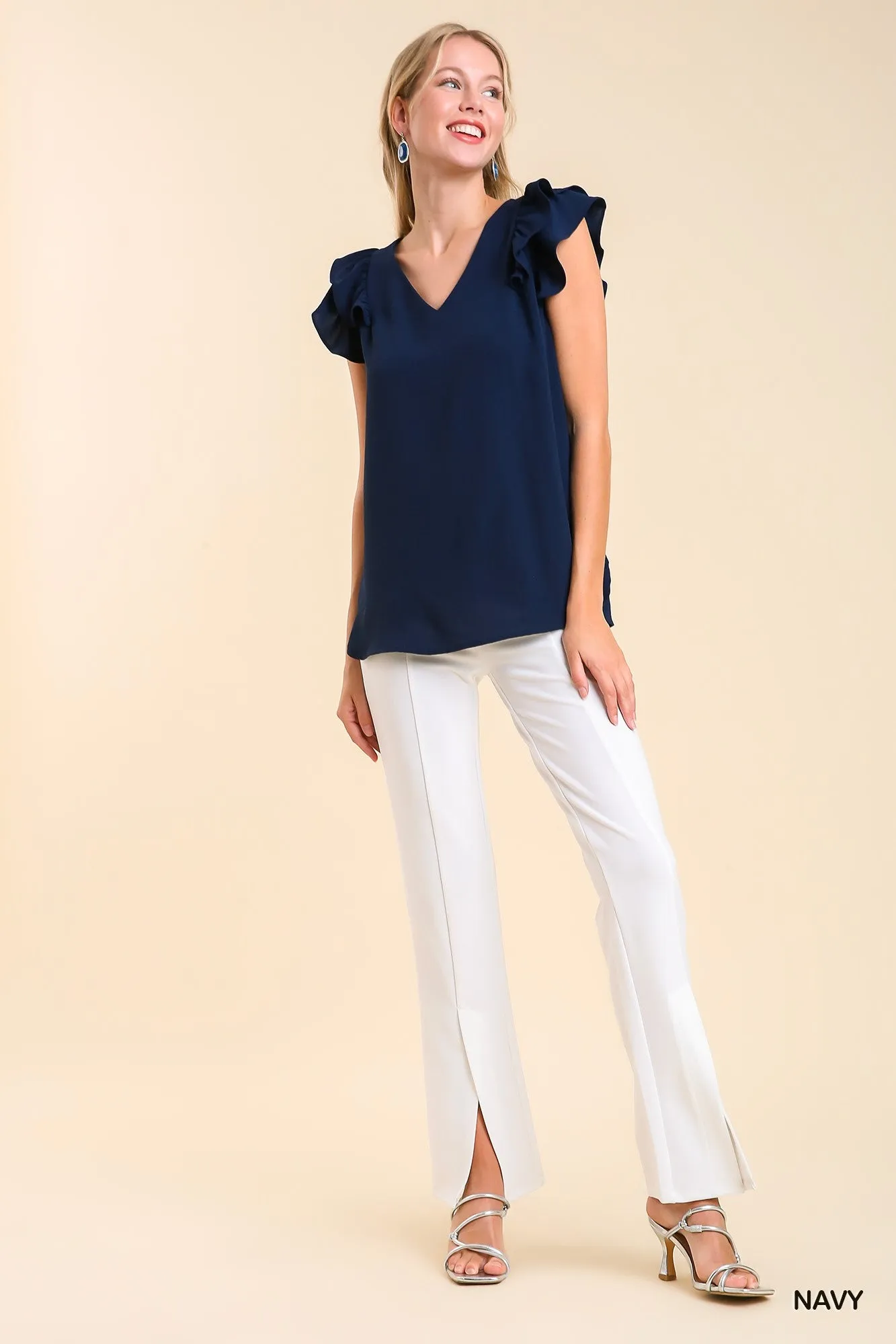 V-Neck Double Layered Flutter Sleeve Blouse with No Lining