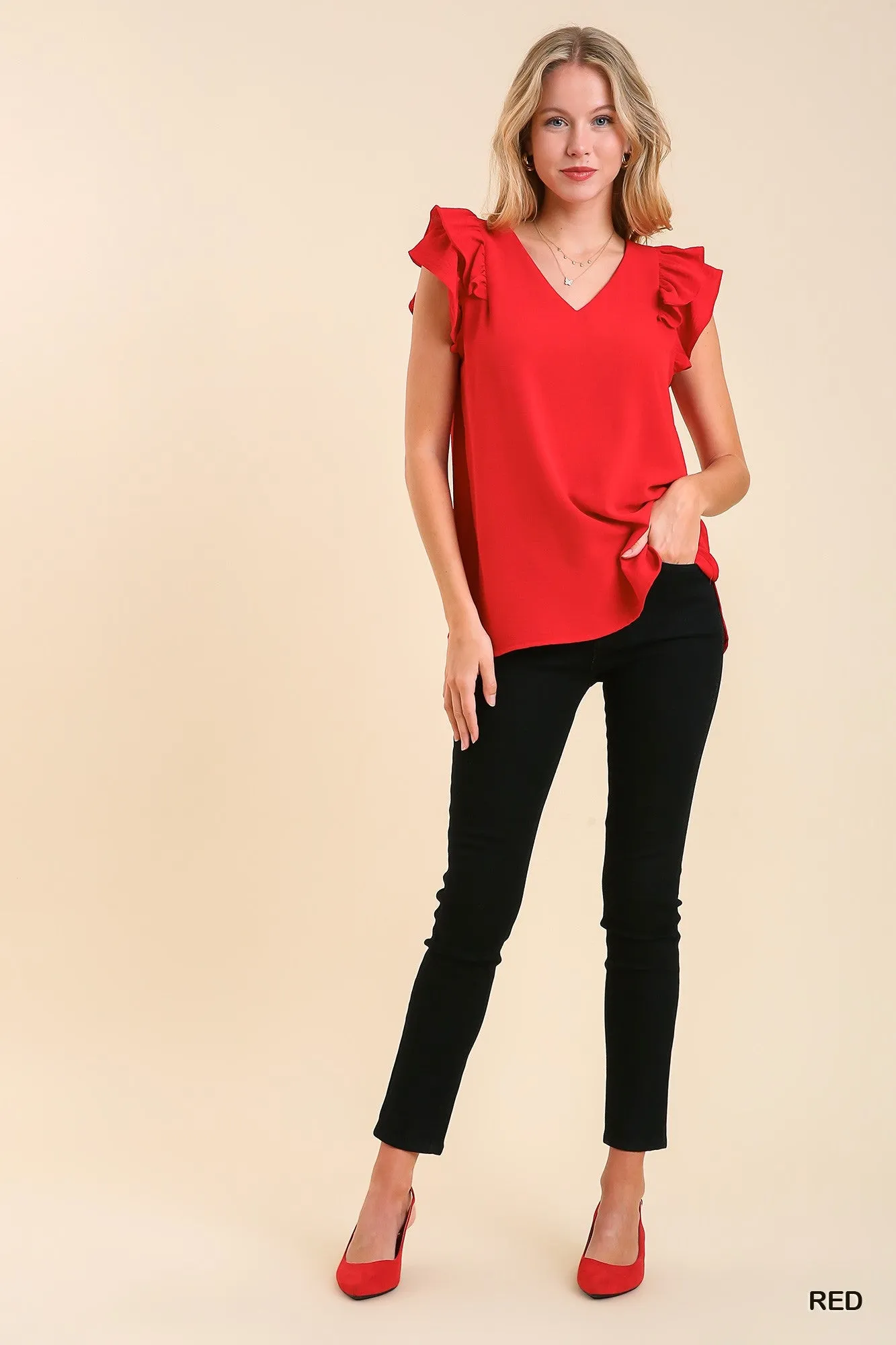 V-Neck Double Layered Flutter Sleeve Blouse with No Lining