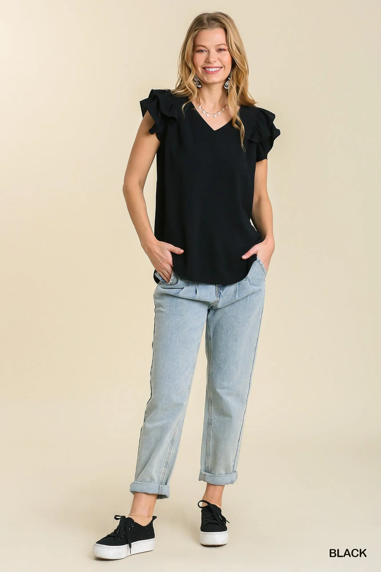 V-Neck Double Layered Flutter Sleeve Blouse with No Lining