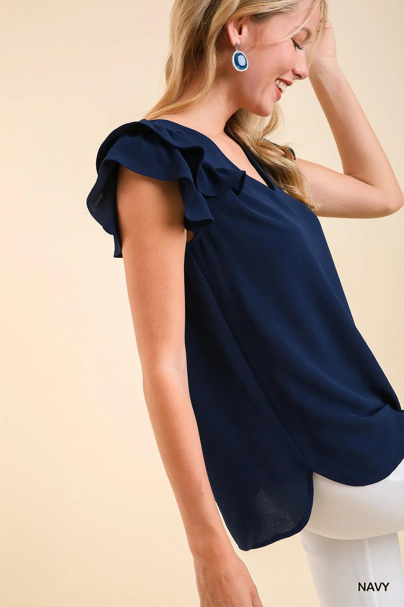V-Neck Double Layered Flutter Sleeve Blouse with No Lining