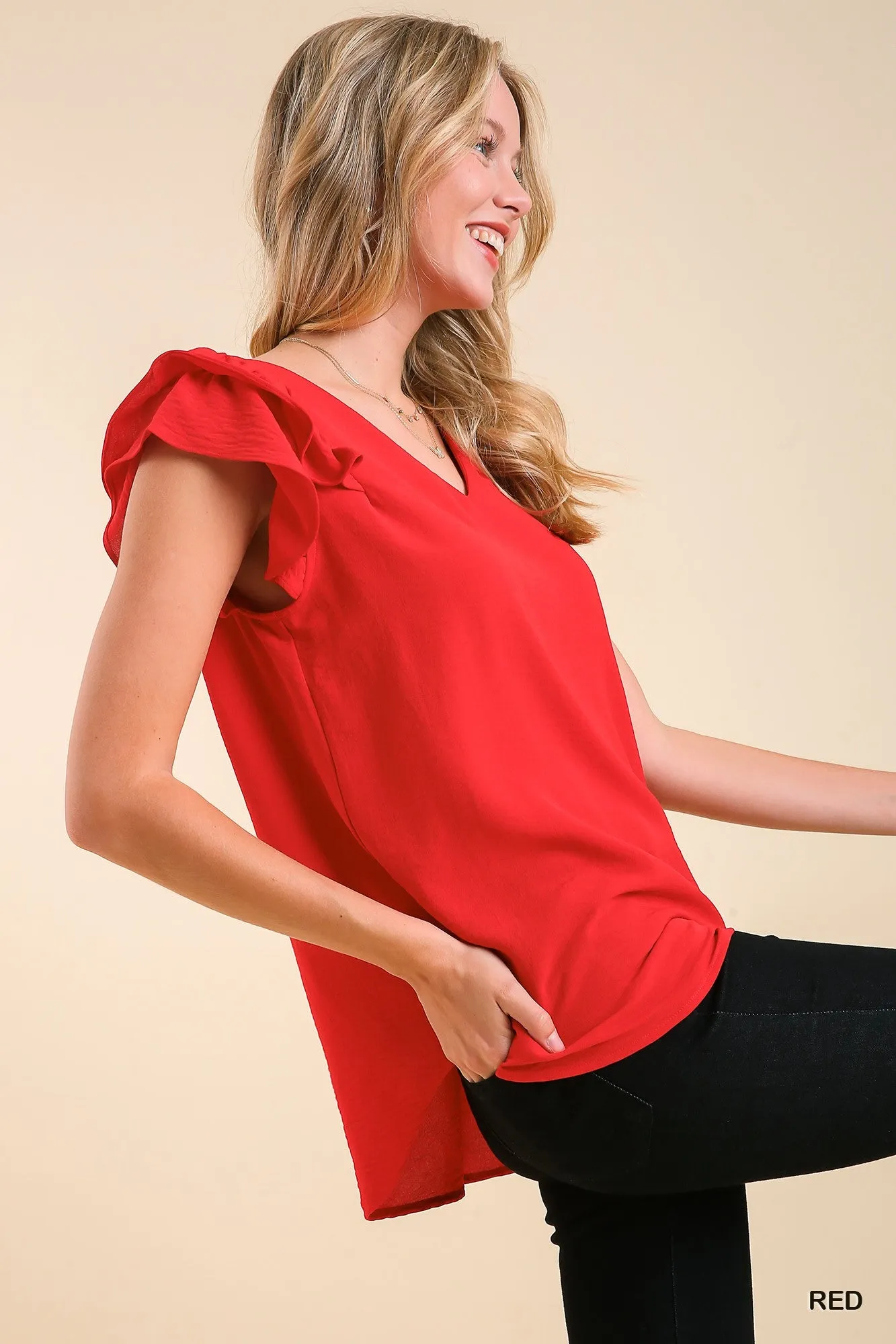 V-Neck Double Layered Flutter Sleeve Blouse with No Lining