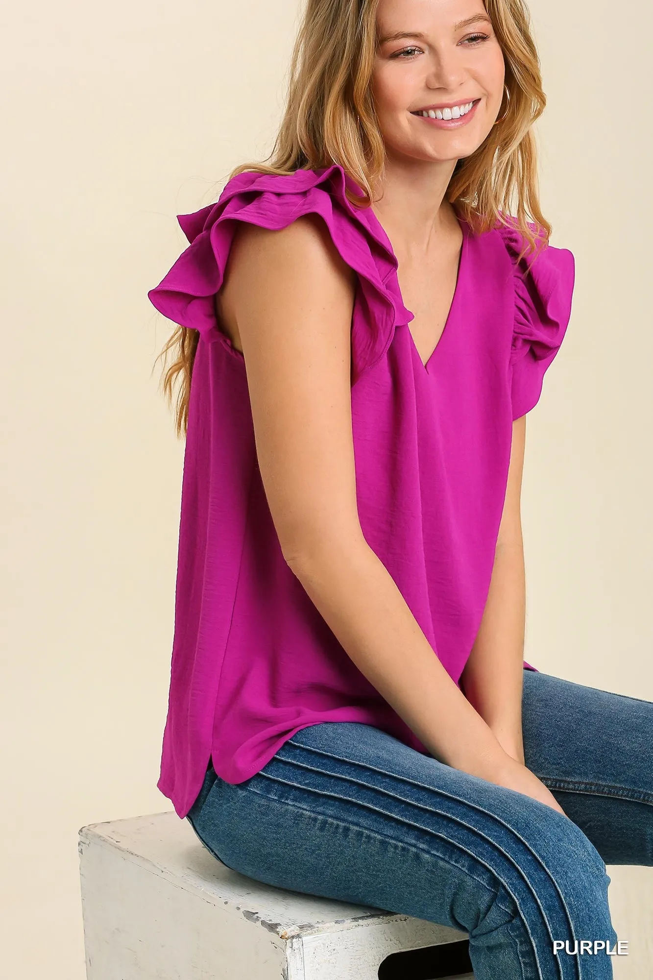 V-Neck Double Layered Flutter Sleeve Blouse with No Lining