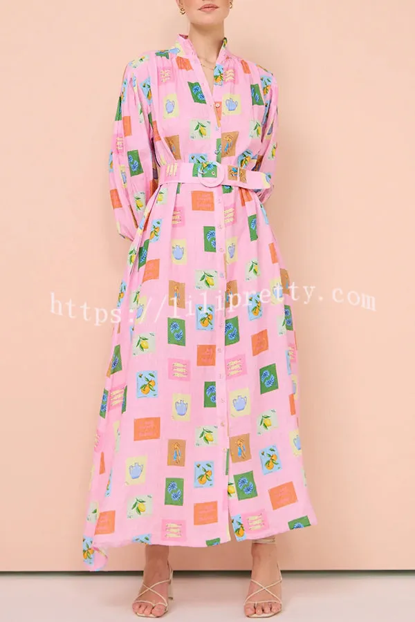 Vacation Essential  Emblem Print Balloon Sleeve Belted Shirt Maxi Dress