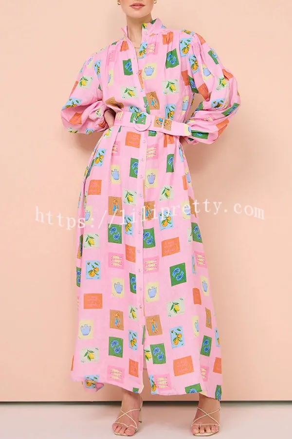 Vacation Essential  Emblem Print Balloon Sleeve Belted Shirt Maxi Dress
