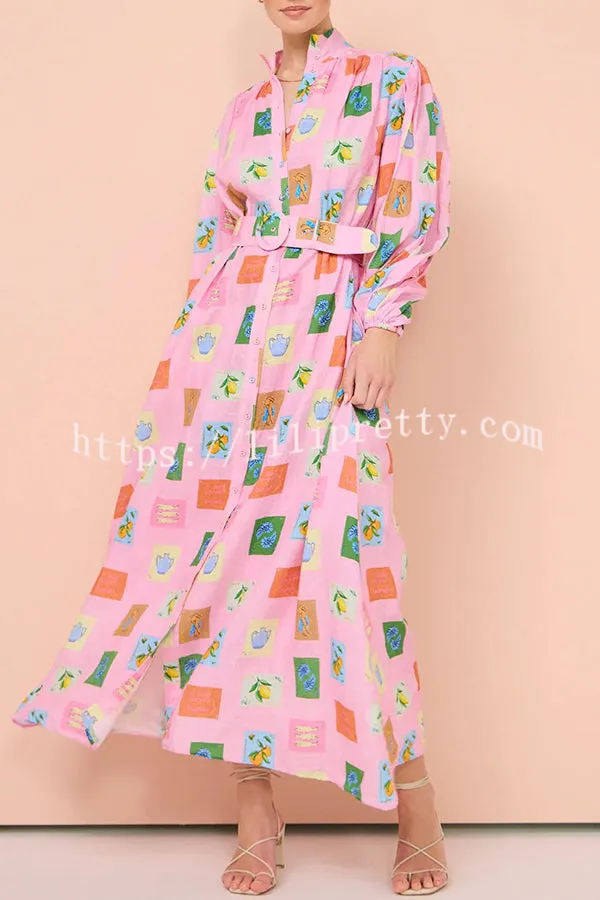 Vacation Essential  Emblem Print Balloon Sleeve Belted Shirt Maxi Dress