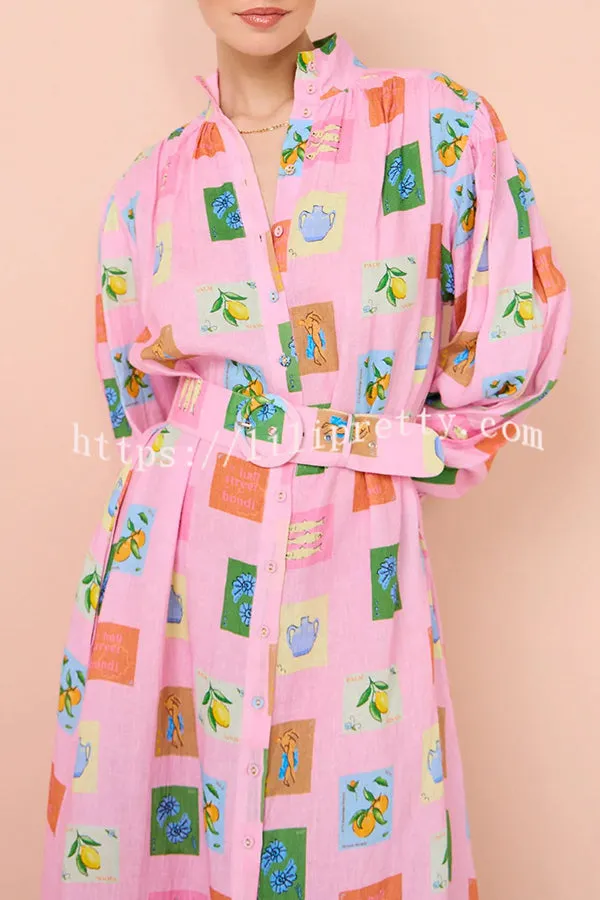 Vacation Essential  Emblem Print Balloon Sleeve Belted Shirt Maxi Dress