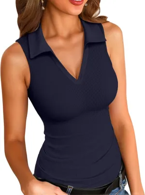 VICHYIE Womens Sleeveless Tank Tops Lapel Collared V Neck Slim Fitted Ribbed Knit Tight Polo Tops