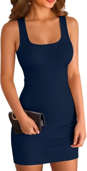 VICHYIE Womens Summer Tank Dresses Ribbed Bodycon Mini Sleeveless Casual Slim Fitted Pencil Dresses