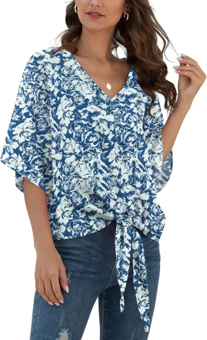 VIISHOW Womens Tie Front Chiffon Blouses V Neck Batwing Short Sleeve Summer Floral Tops Shirts