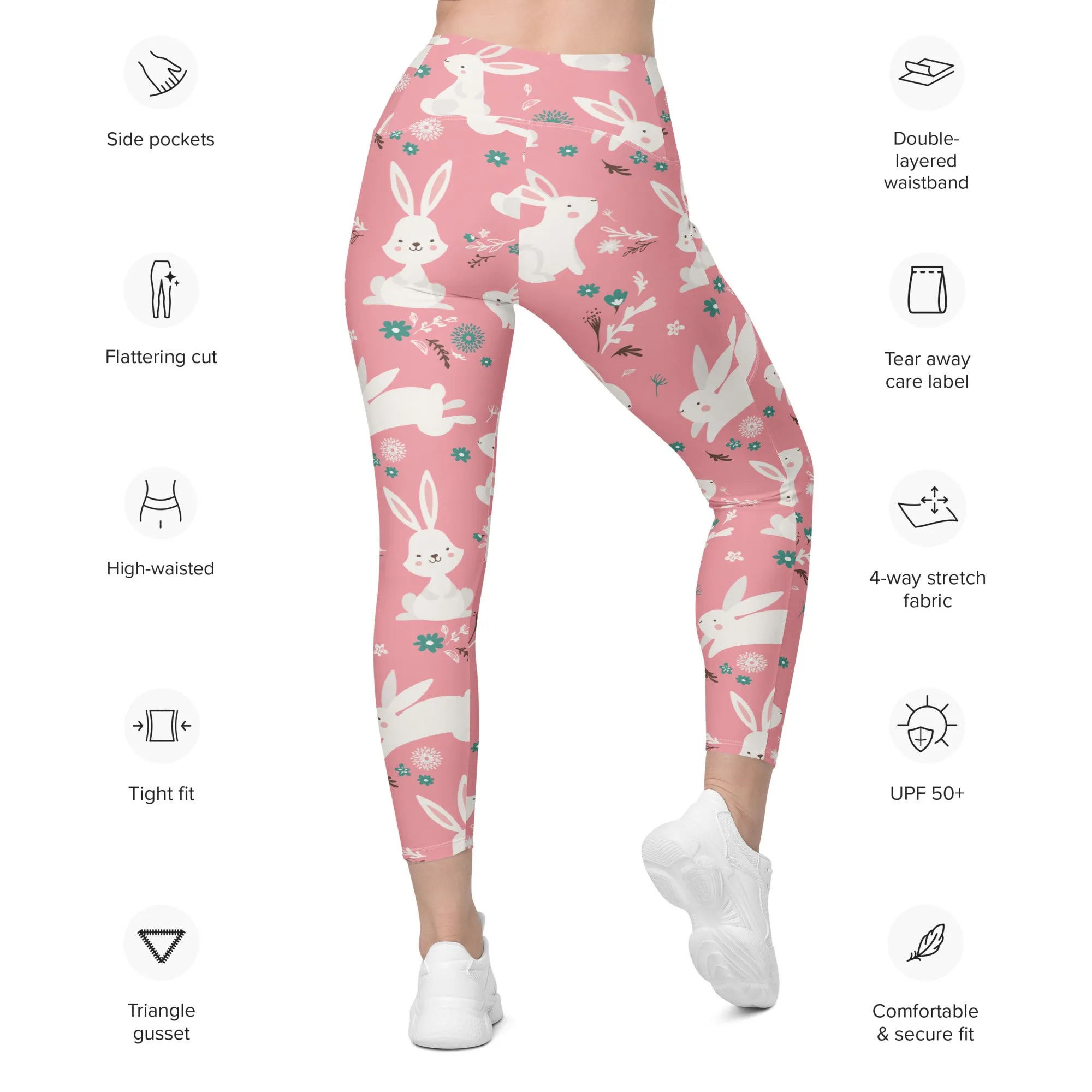 White Easter Bunnies Leggings With Pockets