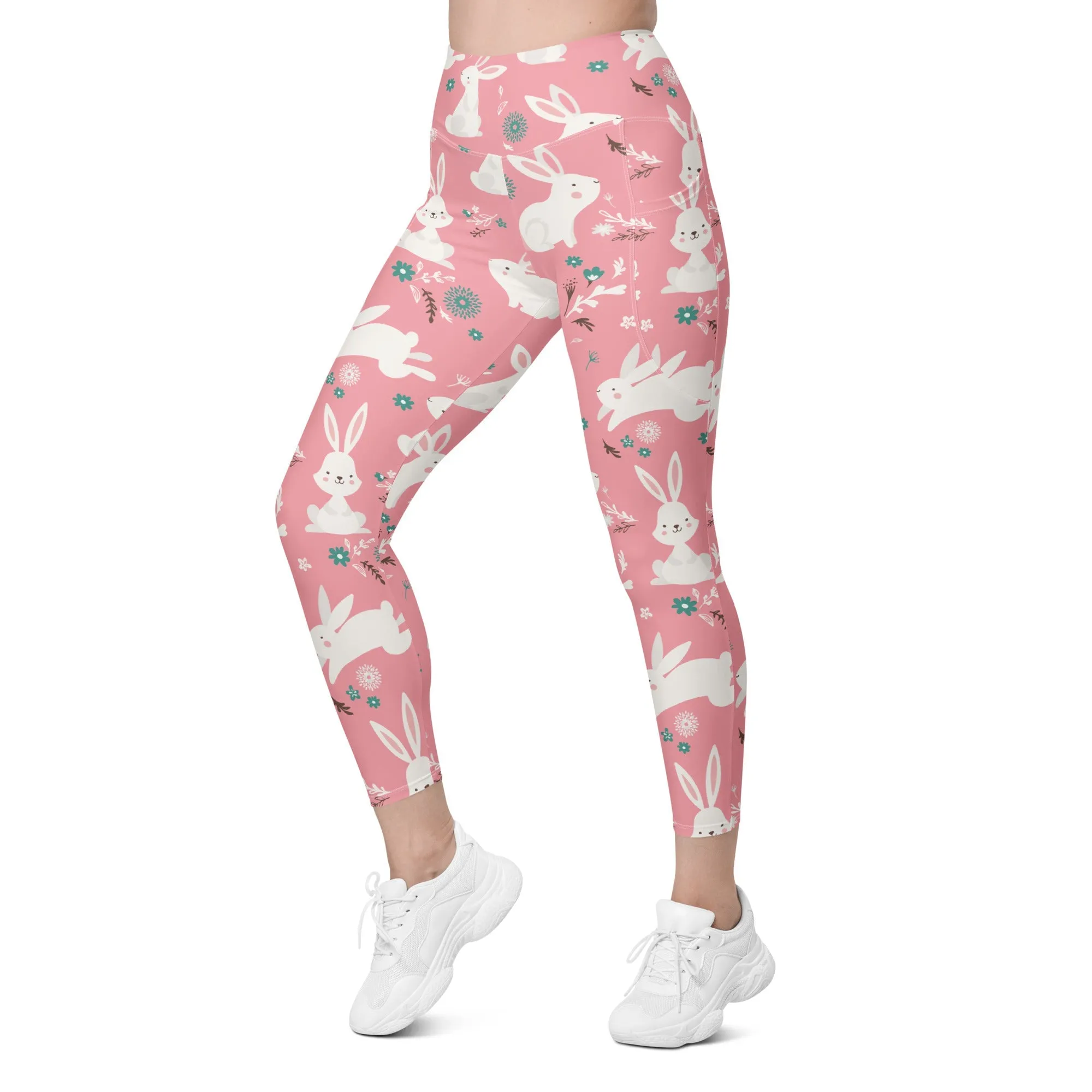 White Easter Bunnies Leggings With Pockets