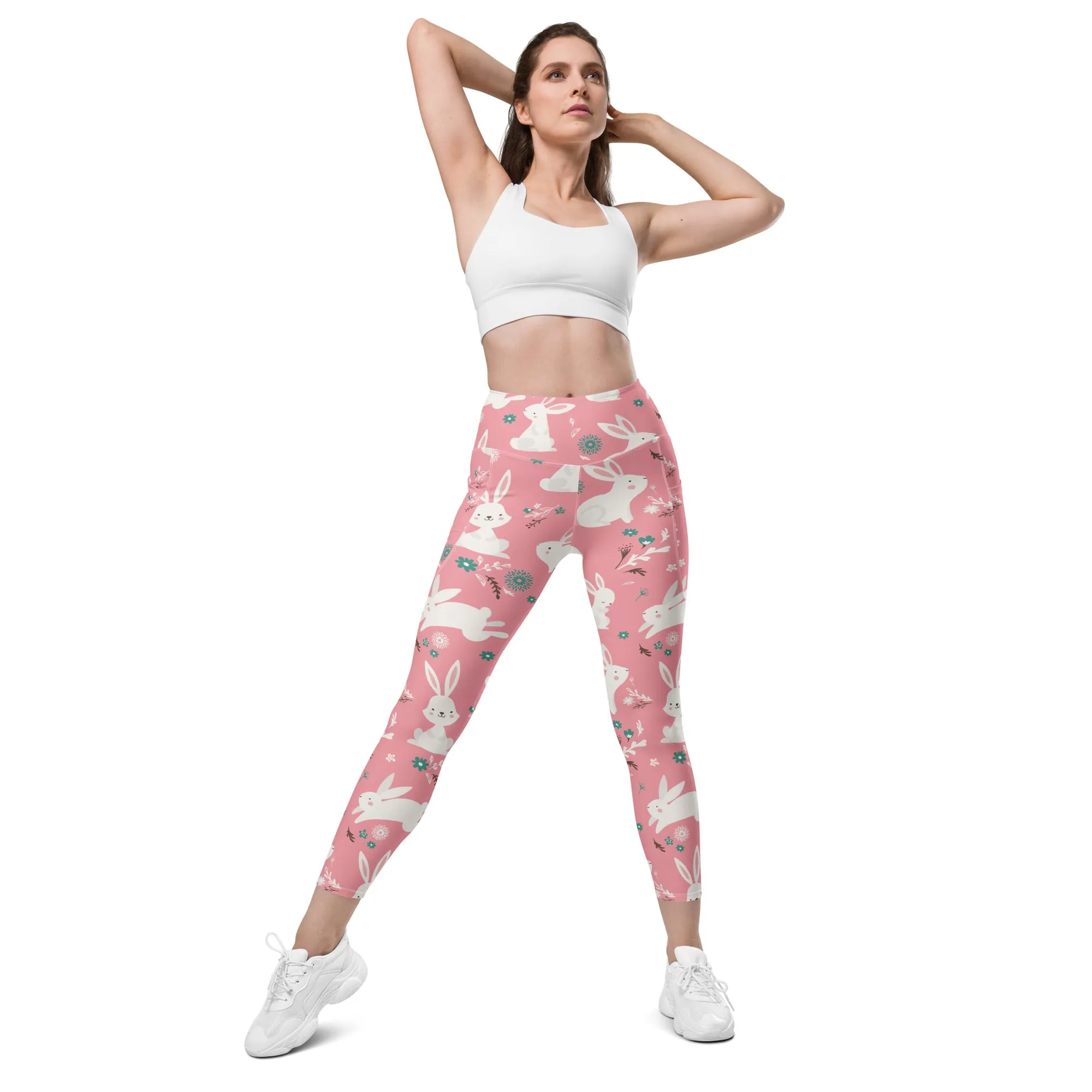 White Easter Bunnies Leggings With Pockets