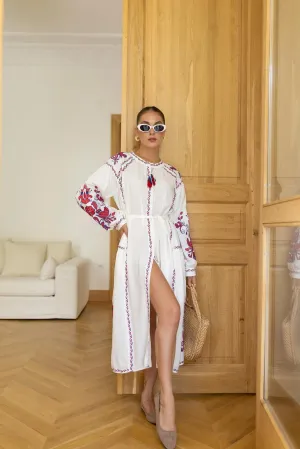 White Side Piece Detailed Belted Embroidered Shirt Dress