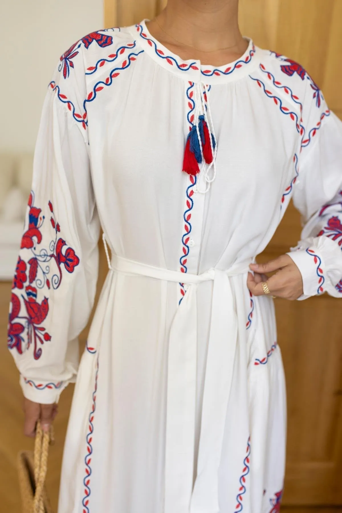 White Side Piece Detailed Belted Embroidered Shirt Dress