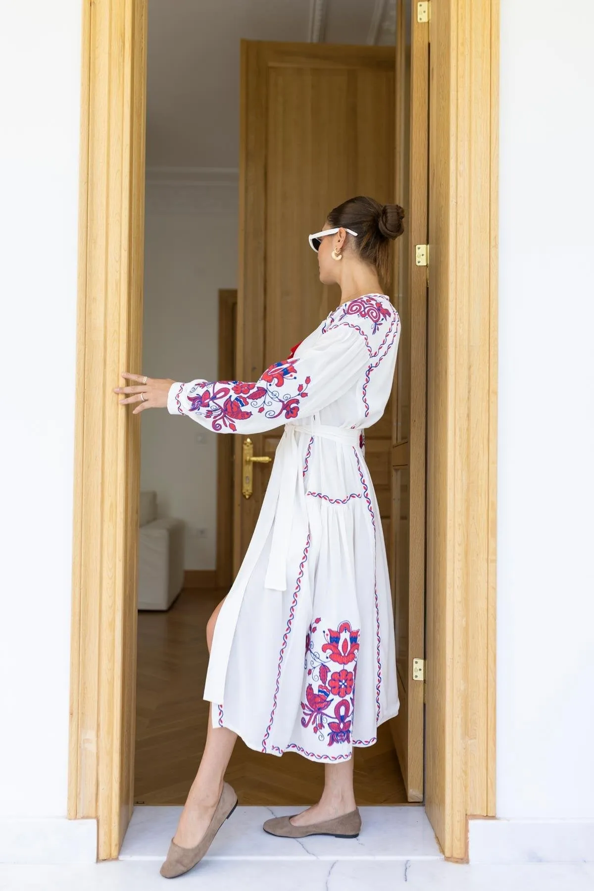 White Side Piece Detailed Belted Embroidered Shirt Dress