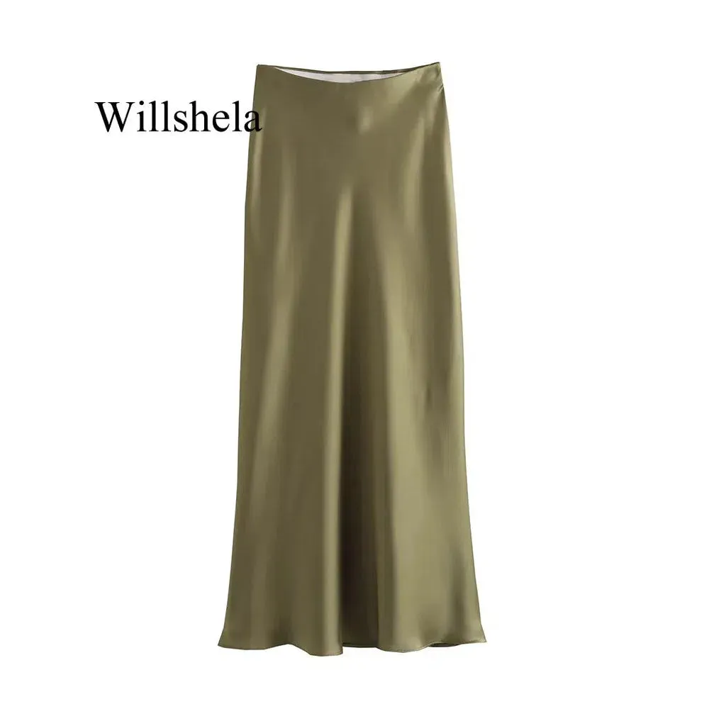 Willshela Women Fashion Satin Solid Pleated Midi Skirt Chic Vintage Style with Elastic Waist for Everyday Elegance