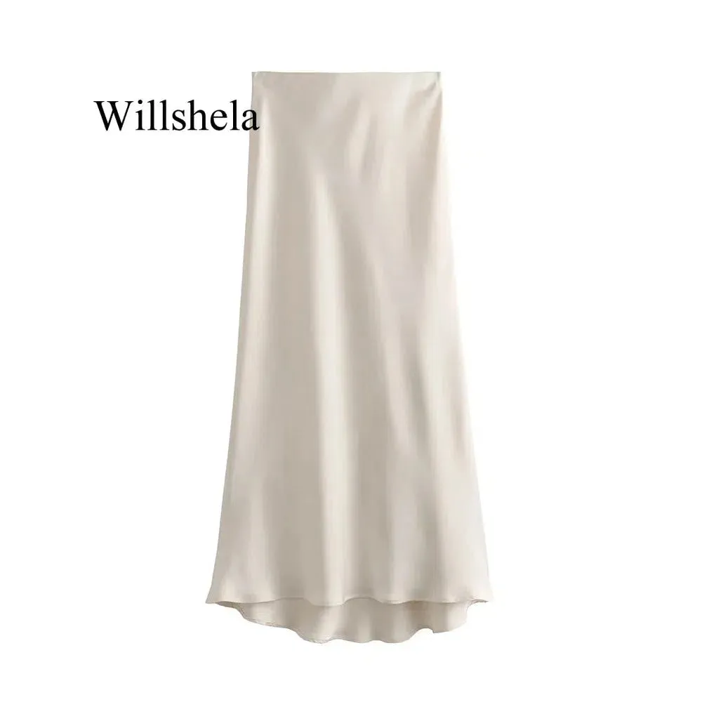 Willshela Women Fashion Satin Solid Pleated Midi Skirt Chic Vintage Style with Elastic Waist for Everyday Elegance